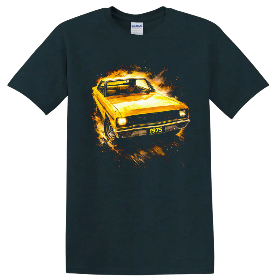 1975 Dodge Dart with fiery vintage car graphic print on T shirt on a Midnight (Green) T Shirt