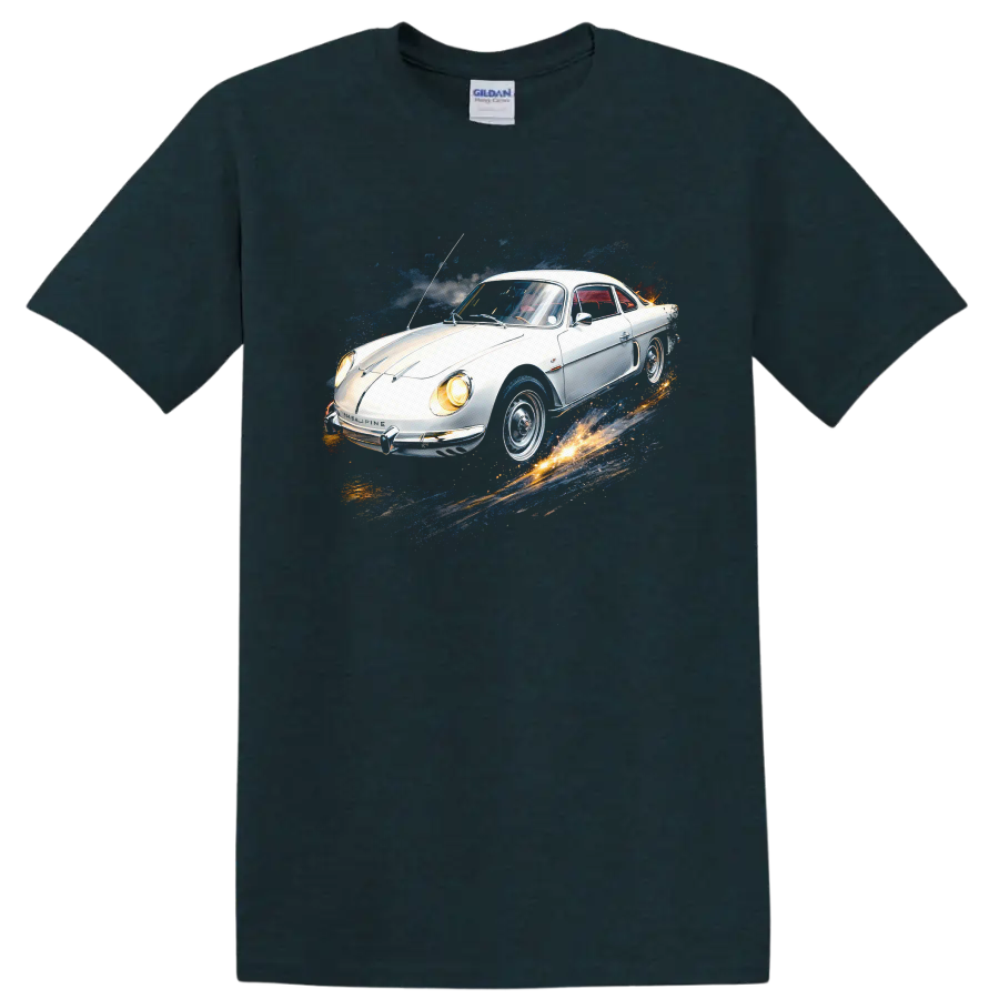 White Alpine A110 classic car with colorful splash graphic print on a Midnight (Green) T Shirt