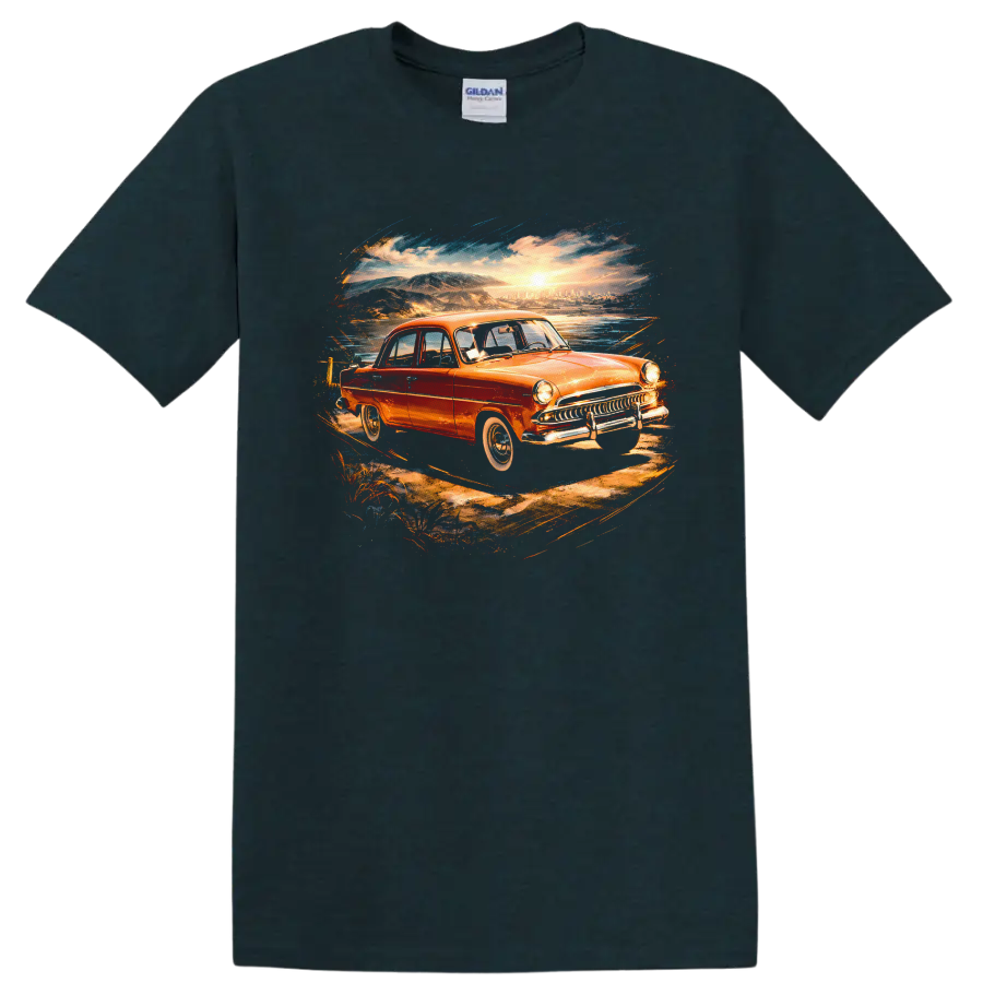 Aero-Willys 1962 old car sunset coastal graphic T shirt on a Midnight (Green) T Shirt