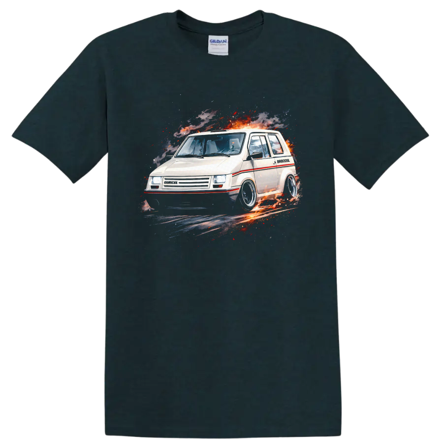 White Gurgel BR-800 old car with explosive retro graphic print on black T shirt on a Midnight (Green) T Shirt