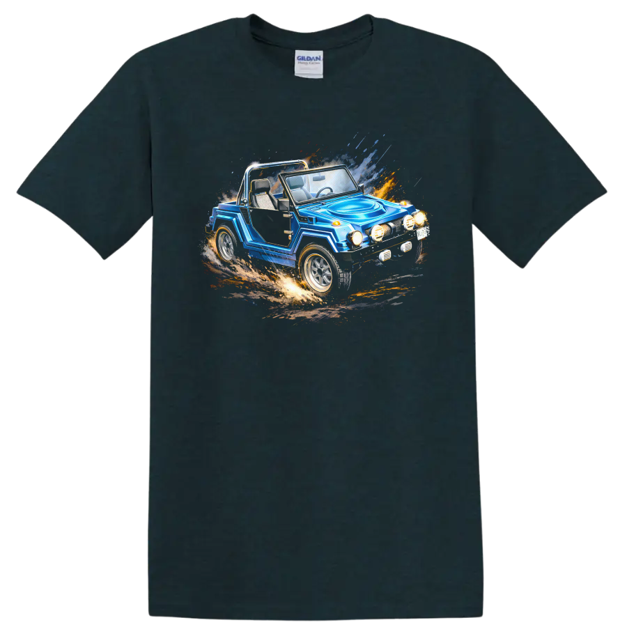 Blue Gurgel X12 off-road car graphic print with motion splash effects on a Midnight (Green) T Shirt
