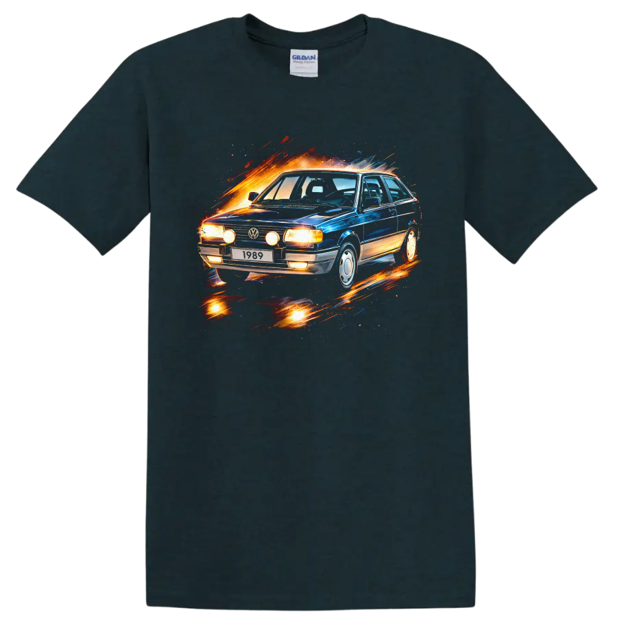 Vintage Volkswagen Gol car with fiery motion splash graphic print on T shirt on a Midnight (Green) T Shirt