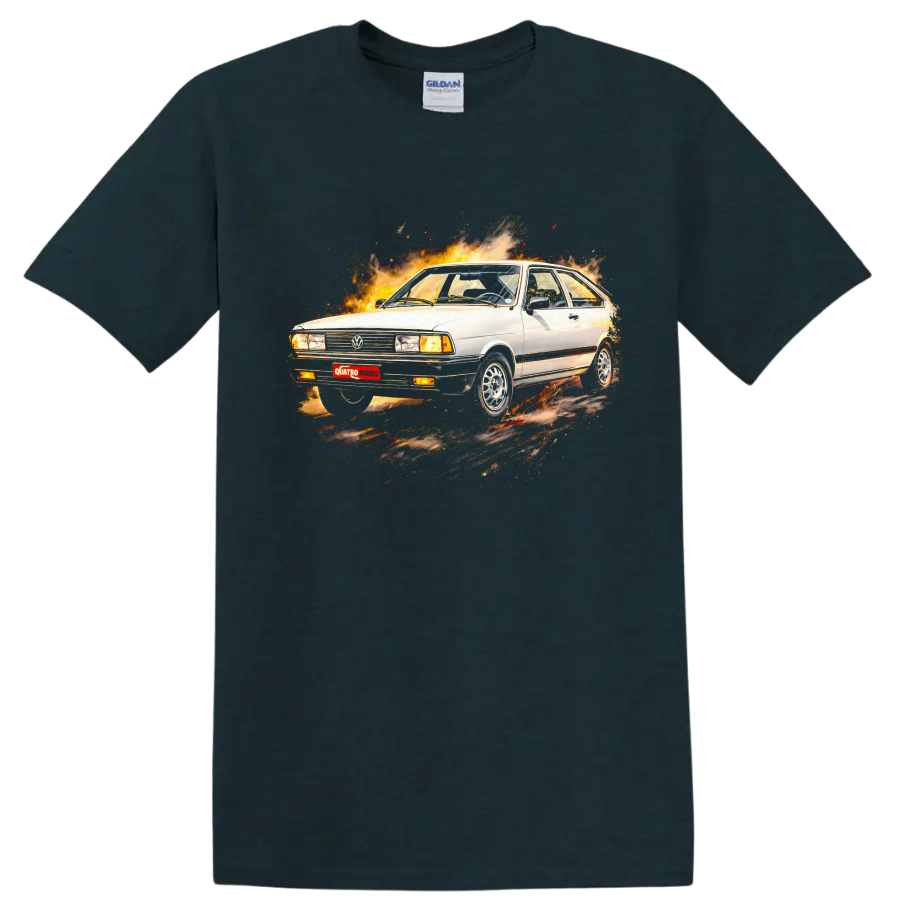 White Volkswagen Passat B1 surrounded by flames on a graphic print T-shirt on a Midnight (Green) T Shirt