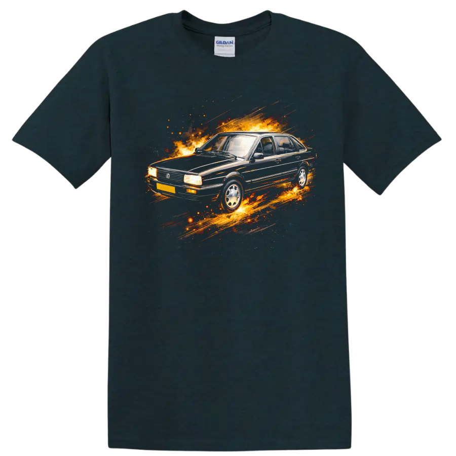 Volkswagen Santana old car with flames and motion streaks graphic print on T shirt on a Midnight (Green) T Shirt