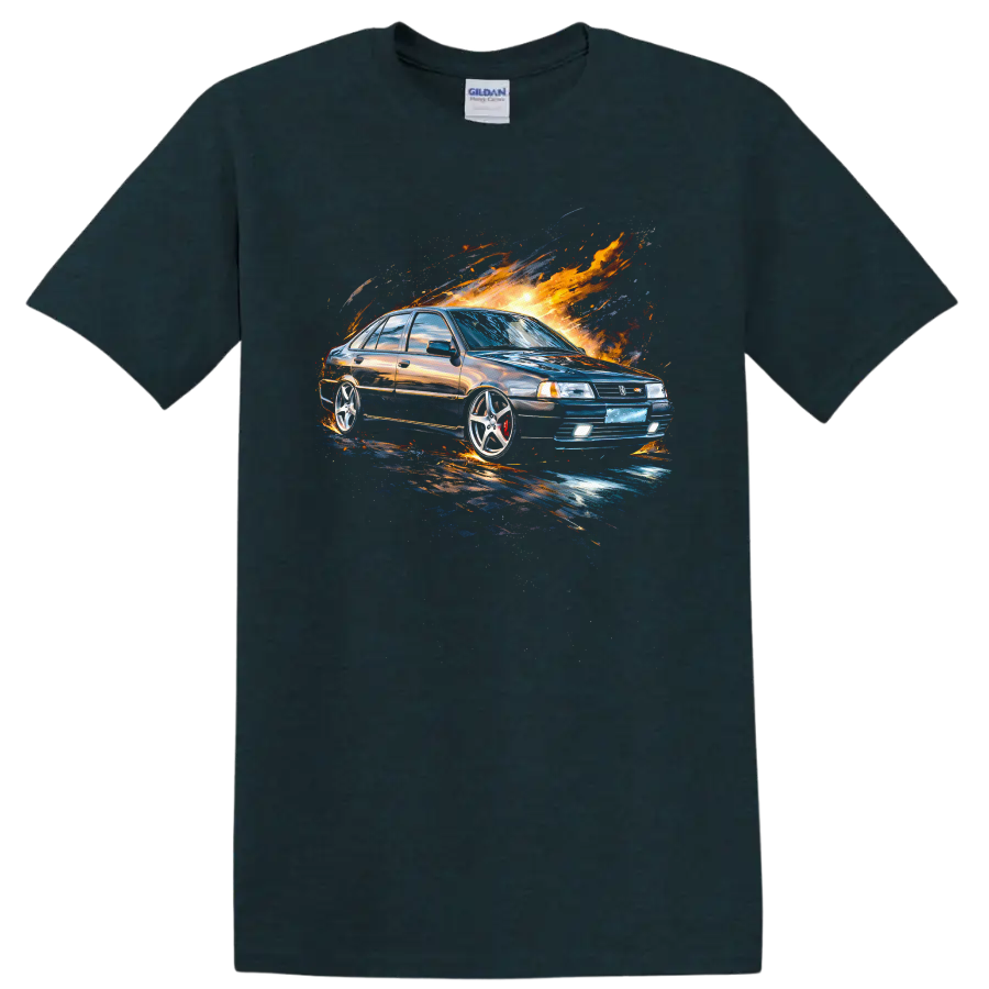 Nissan Cefiro A31 drifting car graphic with fiery splash artwork on T shirt on a Midnight (Green) T Shirt