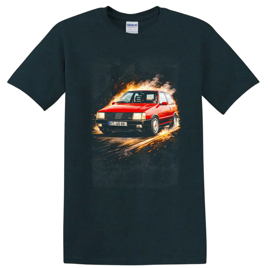 Red Fiat Uno Turbo i.e. MK1 graphic print with fiery smoke and sparks on a Midnight (Green) T Shirt