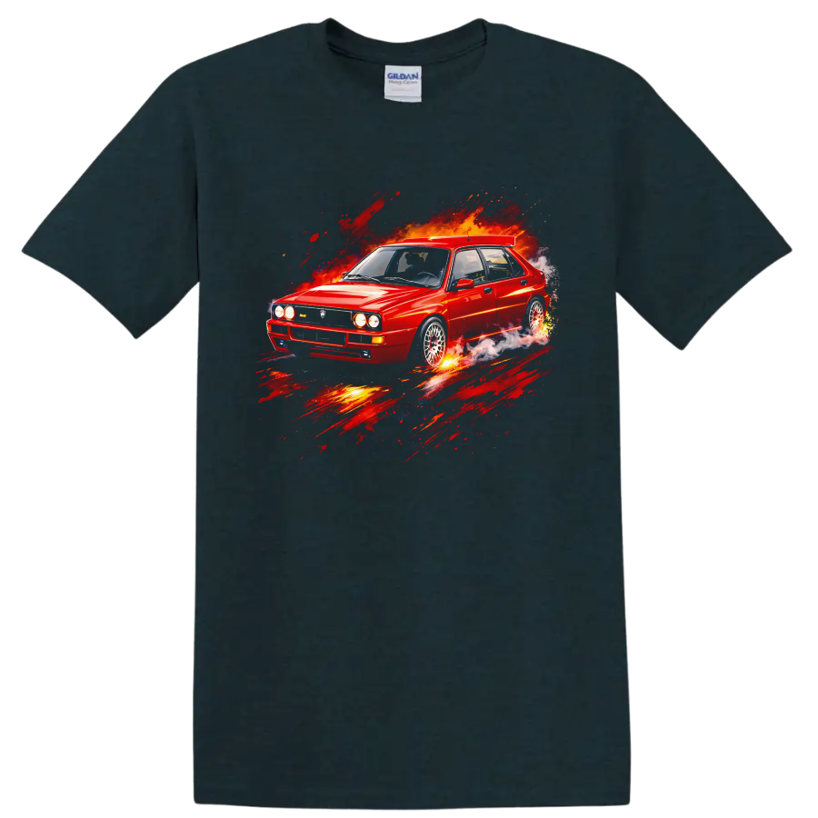 Red Lancia Delta HF Integrale Evo II old car graphic with fiery motion effects on a Midnight (Green) T Shirt
