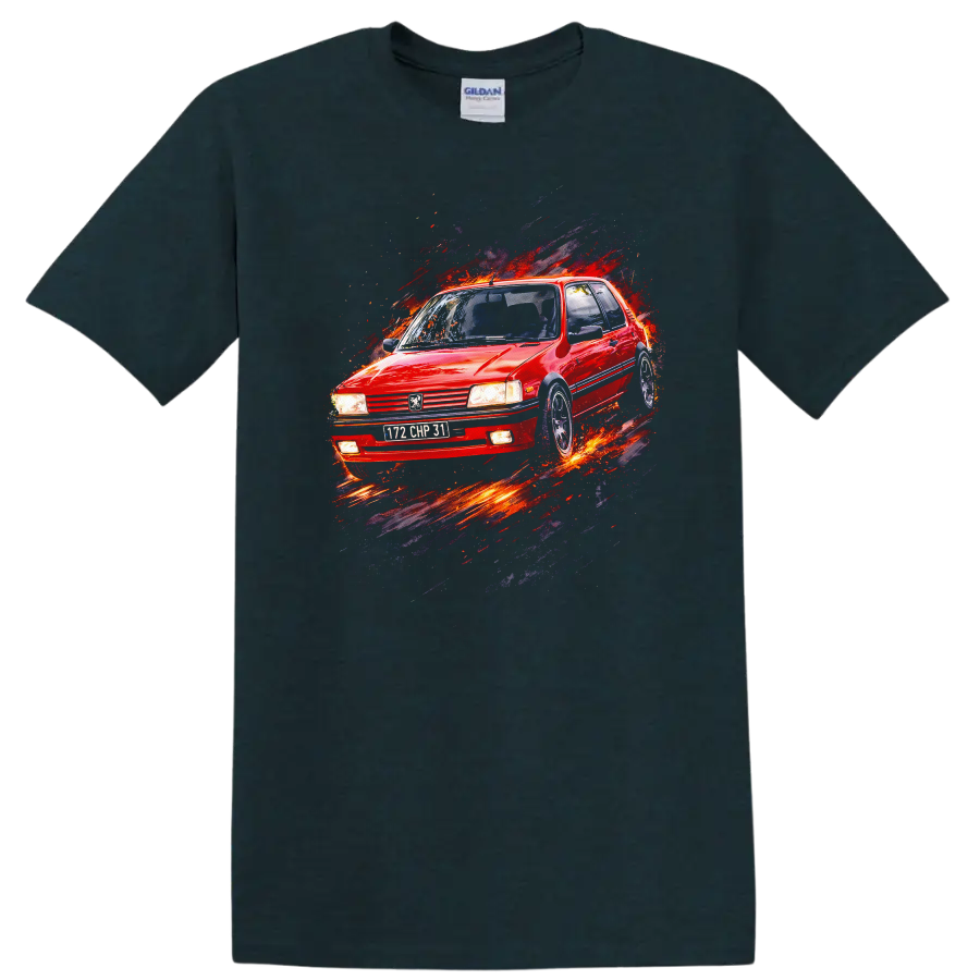 Red Peugeot 205 GTI old car graphic print with splash effect on a Midnight (Green) T Shirt