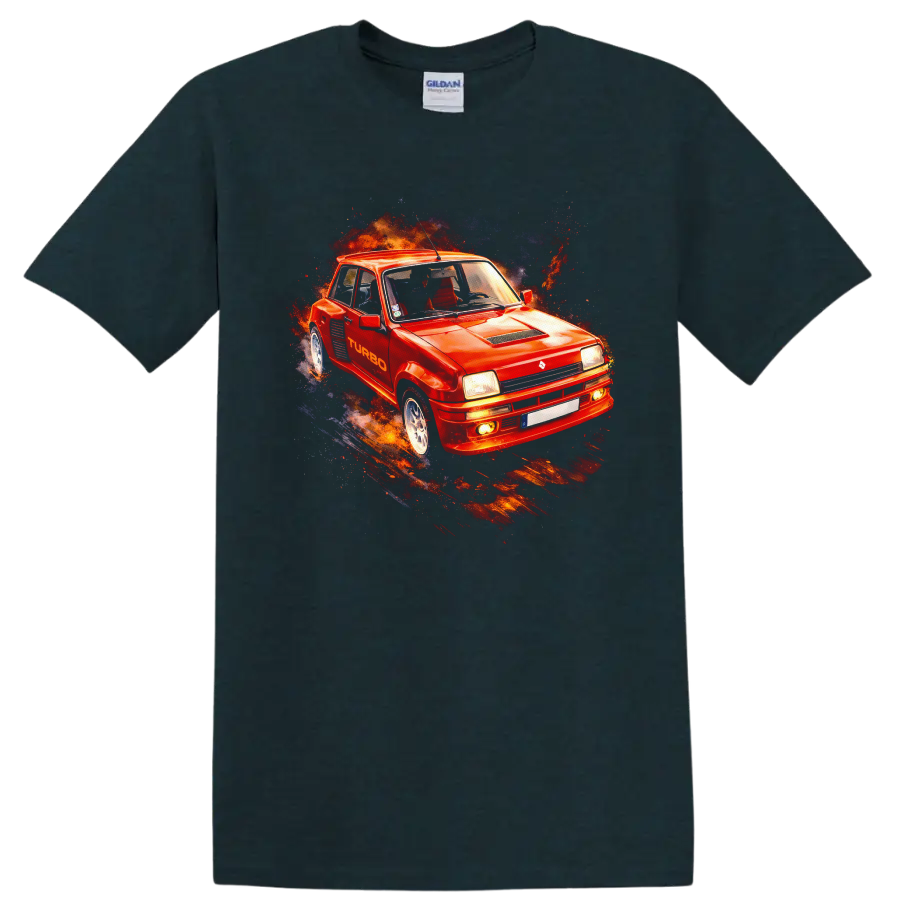Renault 5 Turbo red old car graphic print T shirt with fiery racing splash on a Midnight (Green) T Shirt