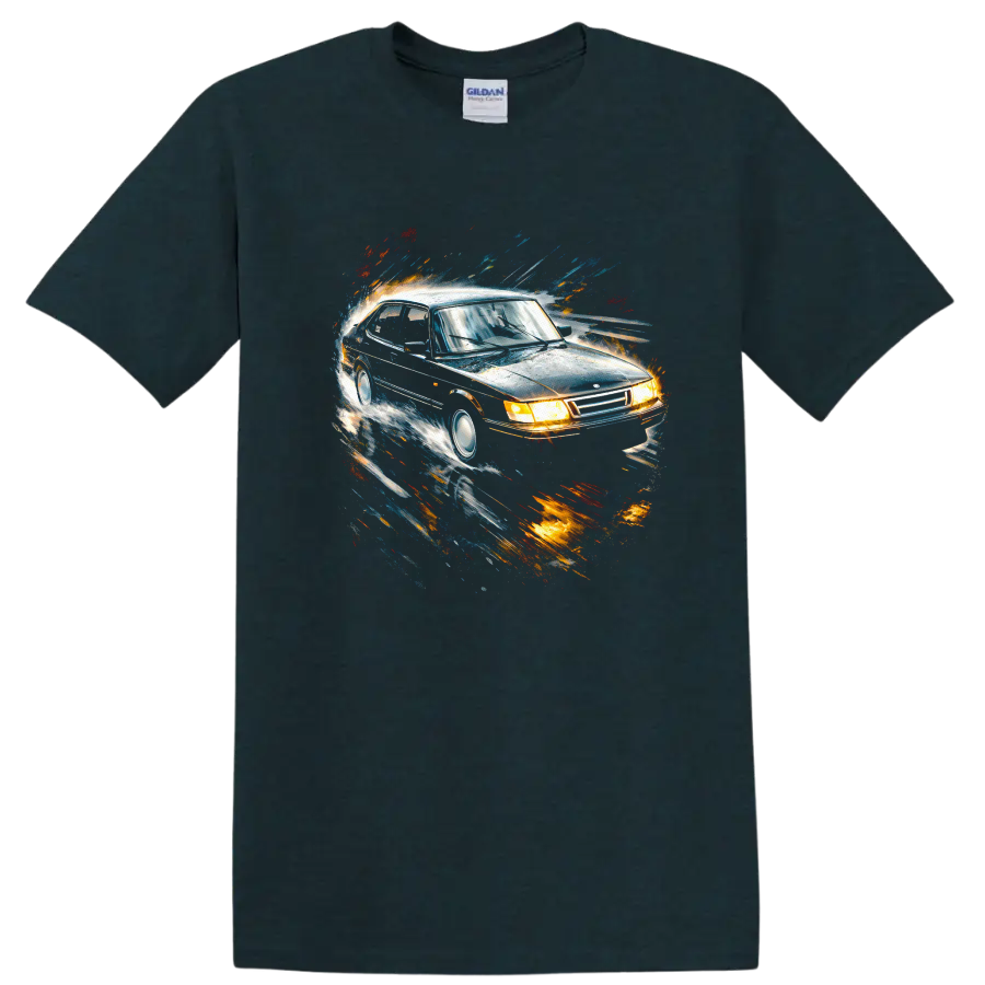 Saab 900 Turbo car graphic with colorful motion streaks on a black T shirt on a Midnight (Green) T Shirt