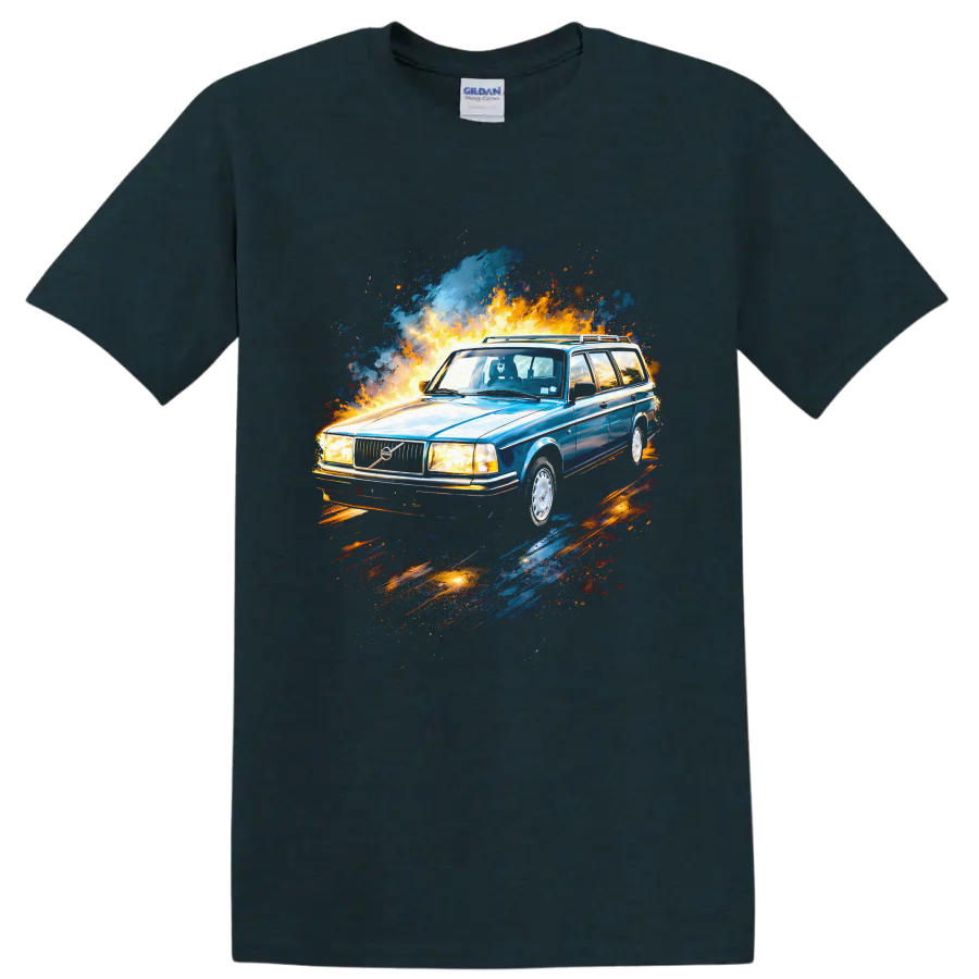 Blue Volvo 240 wagon with fire and paint splash graphic on T shirt on a Midnight (Green) T Shirt