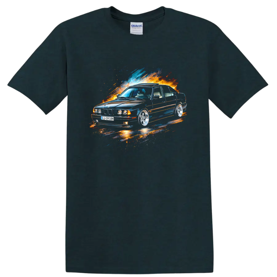 BMW E34 sedan graphic with blue and orange splash effects T-shirt on a Midnight (Green) T Shirt