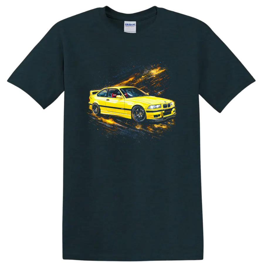 Yellow BMW E36 M3 car with colorful motion streaks graphic on T shirt on a Midnight (Green) T Shirt