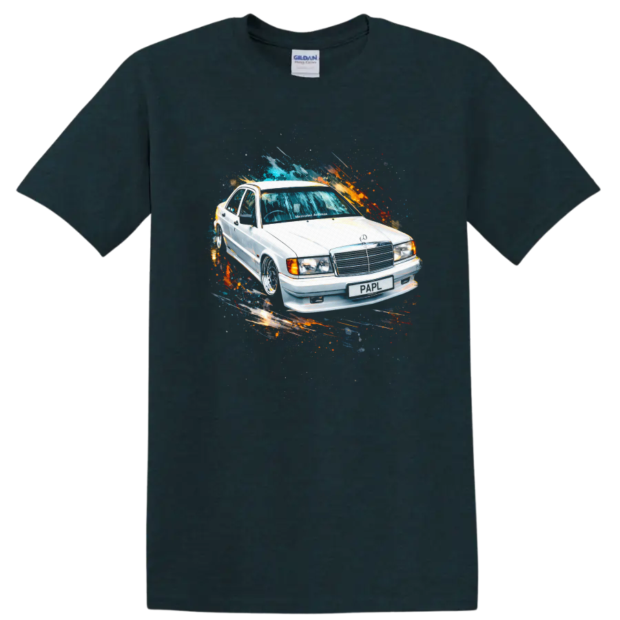 White Mercedes-Benz 190E car with colorful paint splash graphic print on a Midnight (Green) T Shirt