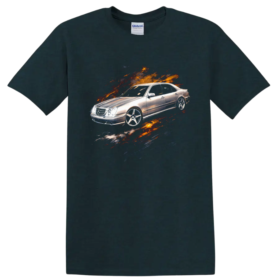 Silver Mercedes-Benz E-Class W210 with paint-splatter graphic print on a Midnight (Green) T Shirt