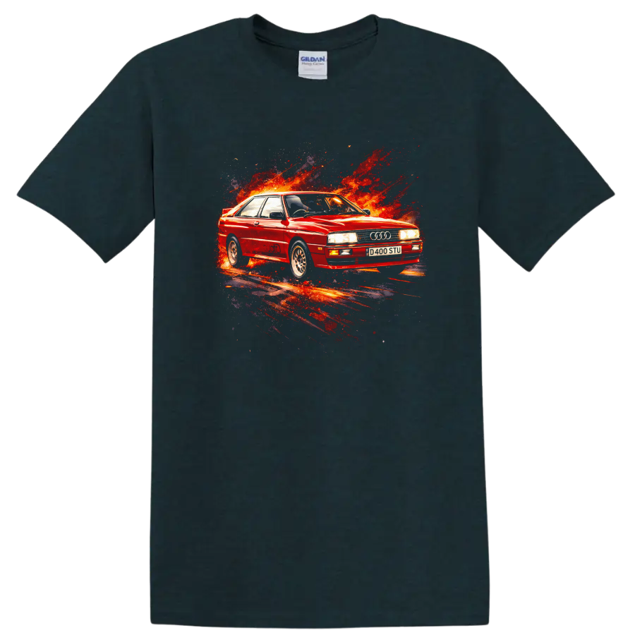Red Audi Quattro old car graphic print with fiery splash effect on T shirt on a Midnight (Green) T Shirt