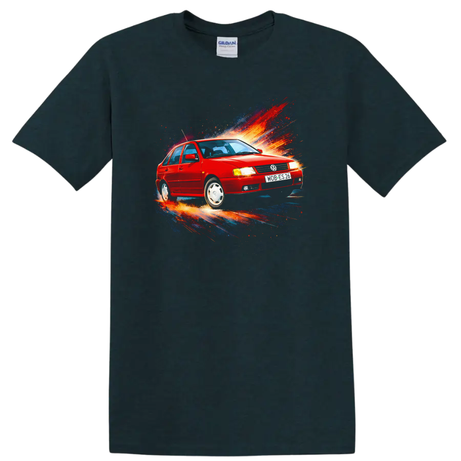 Red Volkswagen Polo Classic car with colorful splash graphic print on black background on a Midnight (Green) T Shirt