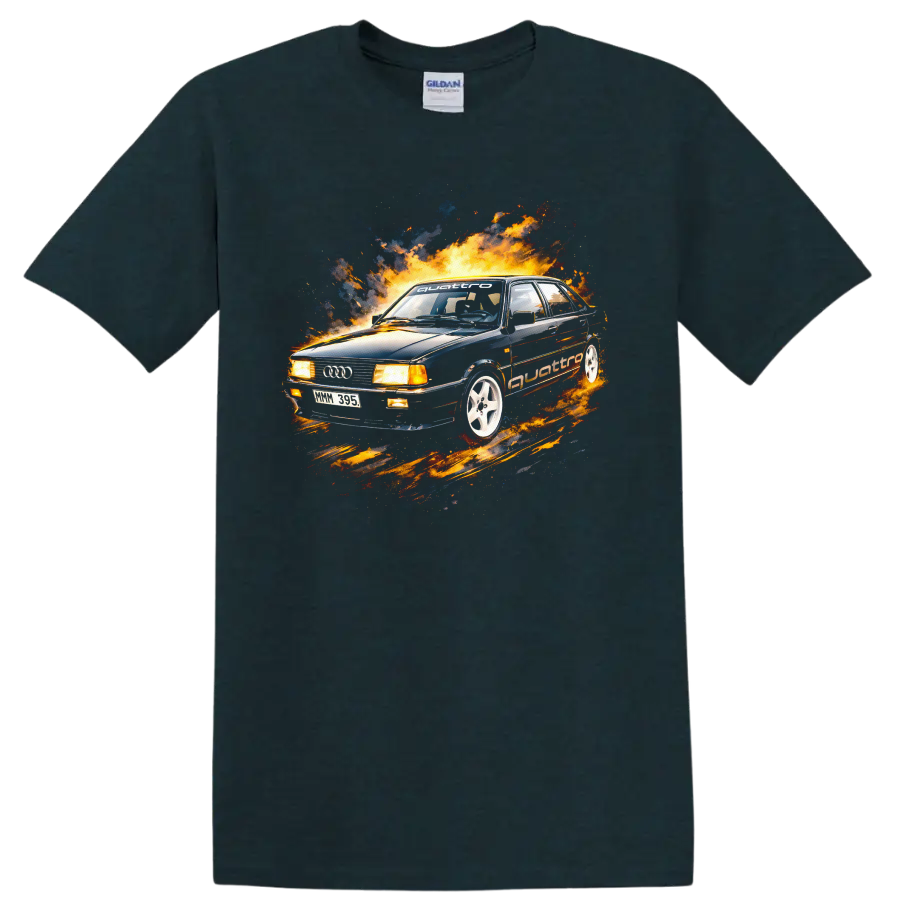 Audi 80 B2 car with flames and racing style graphic print on black T shirt on a Midnight (Green) T Shirt
