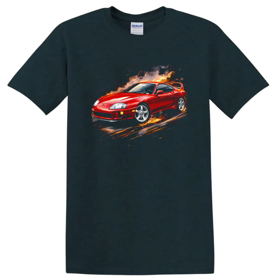 Red Toyota Supra MK4 surrounded by flames and smoke on a graphic print T shirt on a Midnight (Green) T Shirt