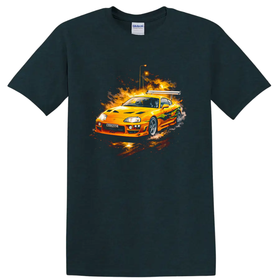Orange Toyota Supra MK4 with fiery graphic burst, automotive T shirt design on a Midnight (Green) T Shirt