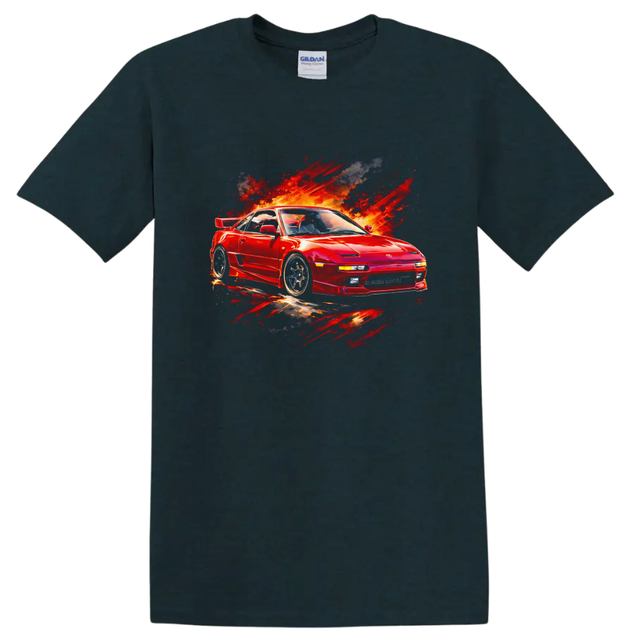 Red Toyota MR2 sports car with fiery paint-splash graphic print on a T shirt on a Midnight (Green) T Shirt