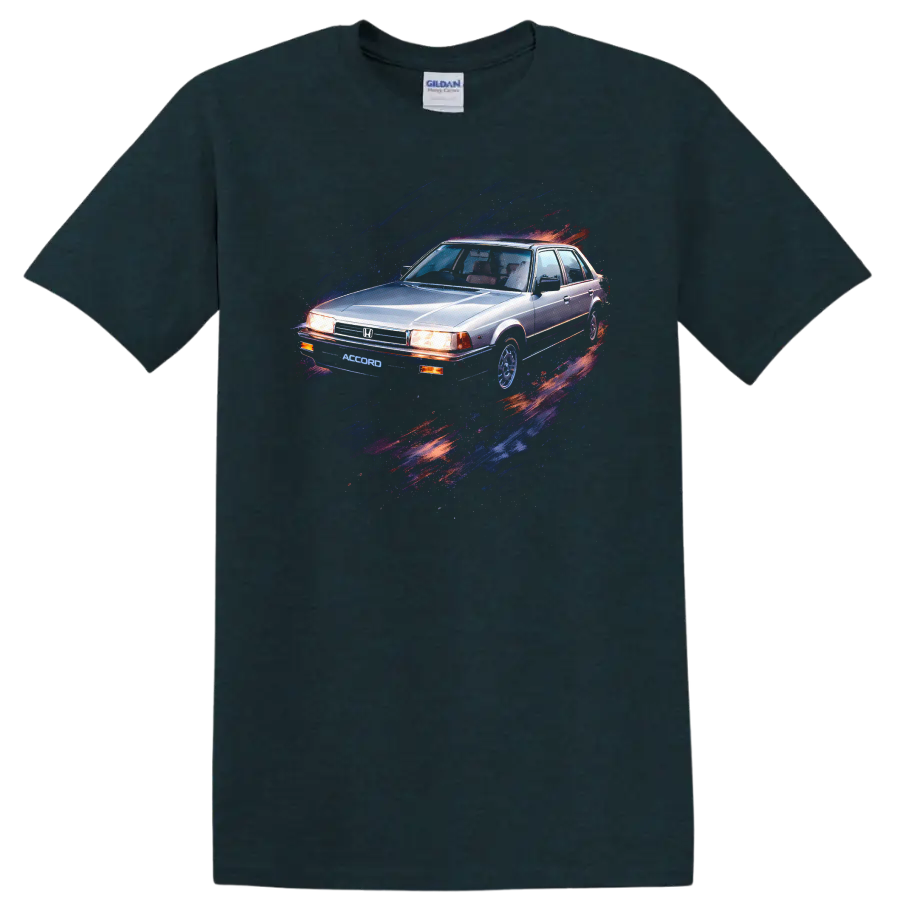 Old Honda Accord sedan graphic print T-shirt with blue and red paint streaks on a Midnight (Green) T Shirt