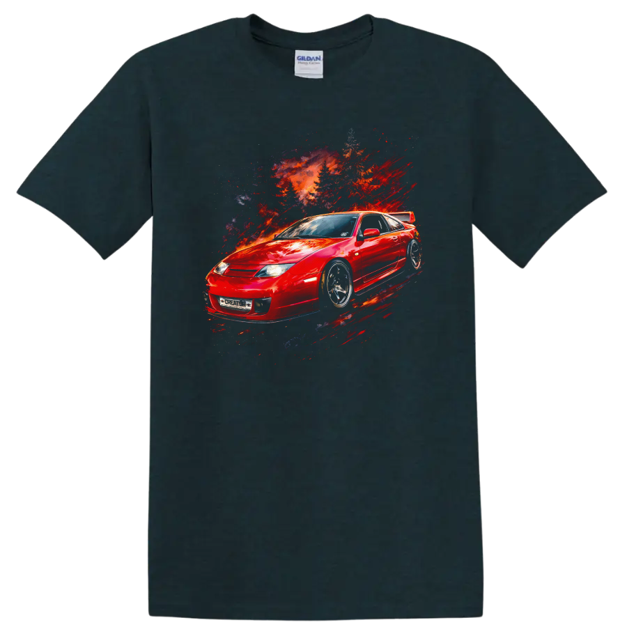 Red Nissan 300ZX Z32 sports car with abstract fiery motion graphic print on a Midnight (Green) T Shirt