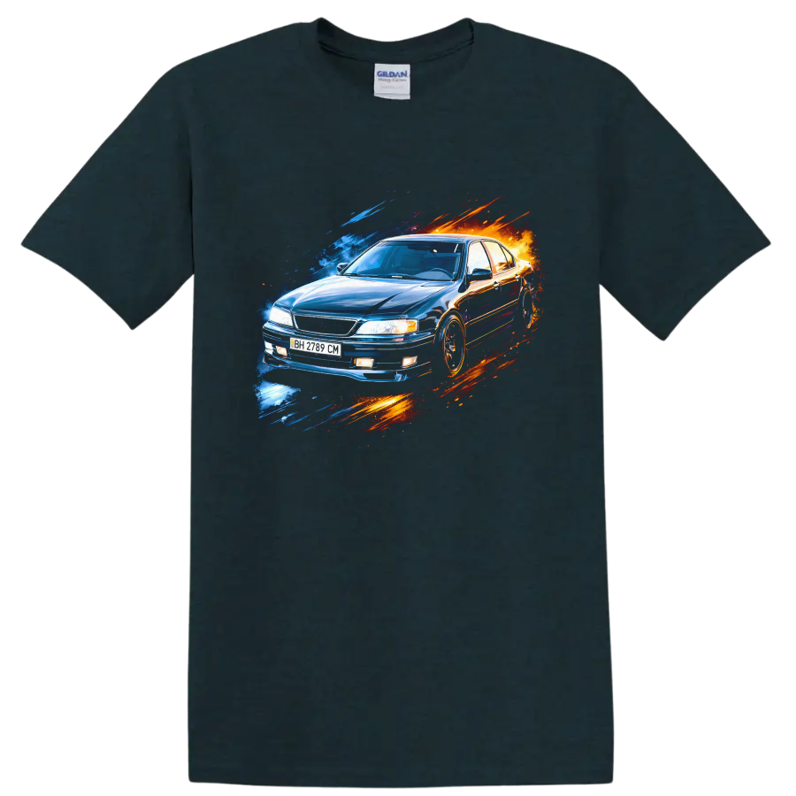 Blue Nissan Maxima A32 sedan with blue and orange streaks graphic print on a Midnight (Green) T Shirt