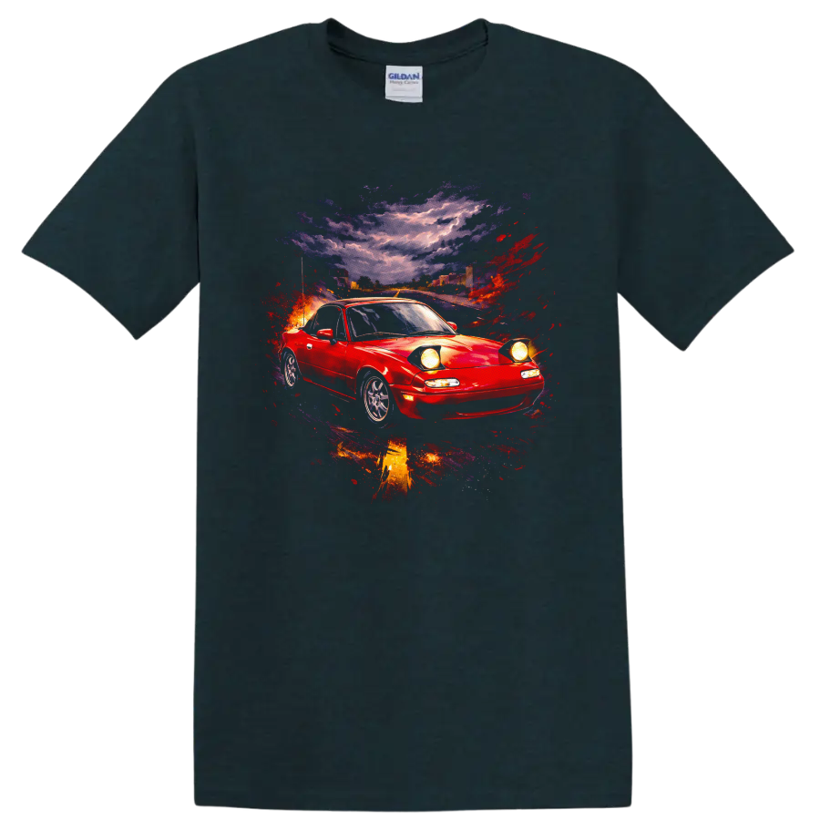 Red Mazda MX-5 Miata sports car with colorful abstract street-scene graphic print on a Midnight (Green) T Shirt
