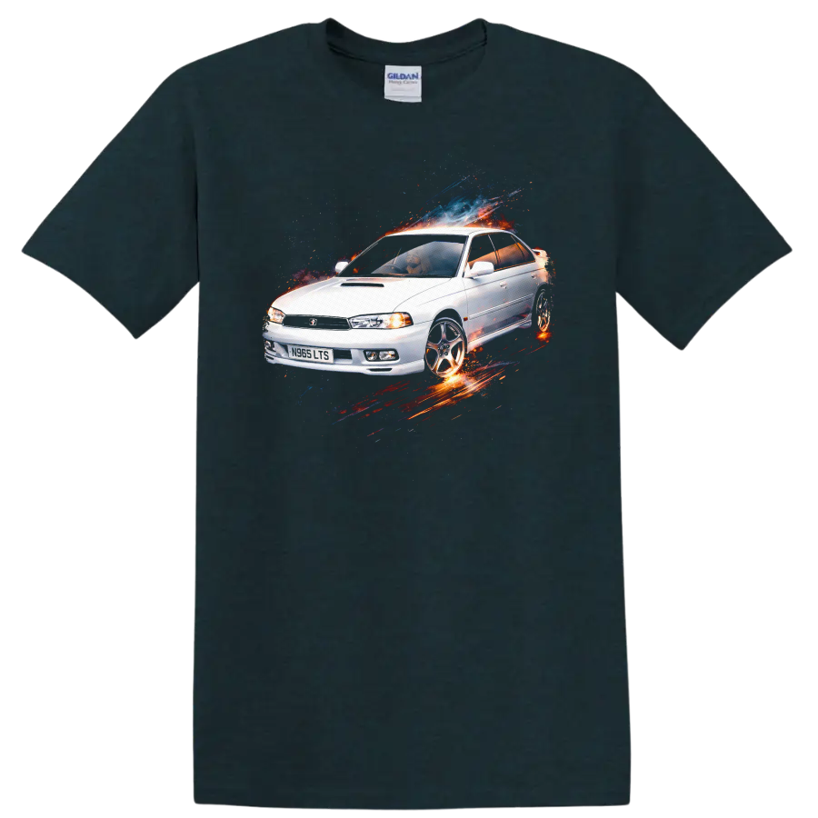 White Subaru Legacy old car graphic print with splash effects on black background on a Midnight (Green) T Shirt