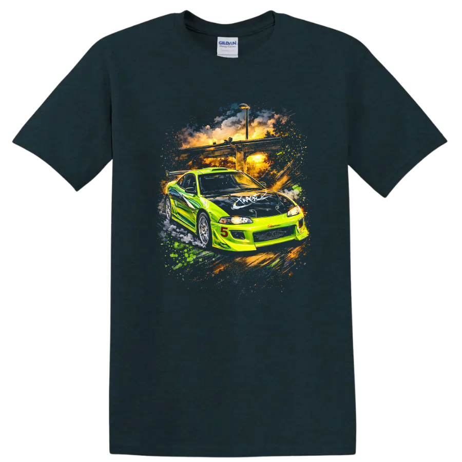 Neon green Mitsubishi Eclipse GS racing car graphic print T-shirt on a Midnight (Green) T Shirt
