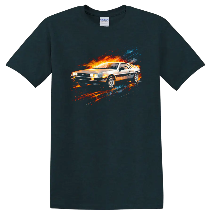 Silver DeLorean-style car with fiery red, orange, and blue motion streak graphic print on a Midnight (Green) T Shirt