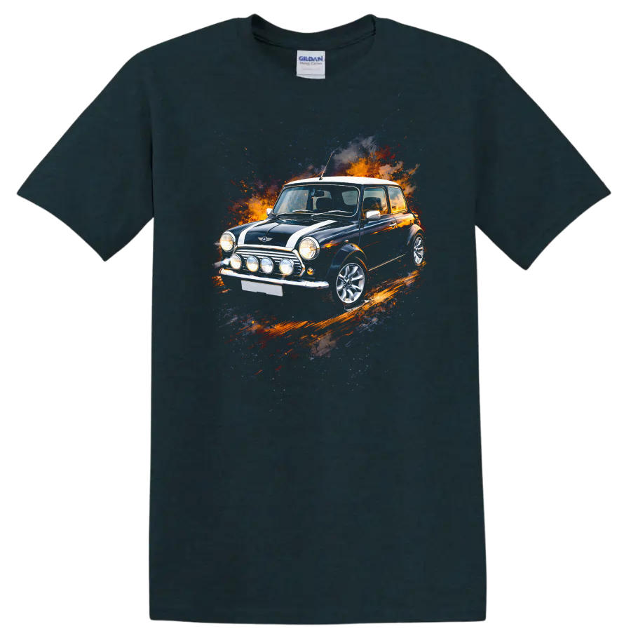Classic Mini Cooper car with colorful paint splash graphic print on a Midnight (Green) T Shirt