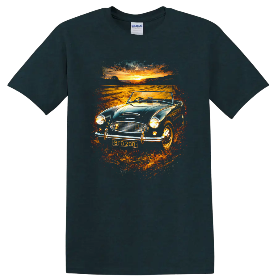 Austin-Healey 3000 classic car at sunset graphic print T-shirt on a Midnight (Green) T Shirt