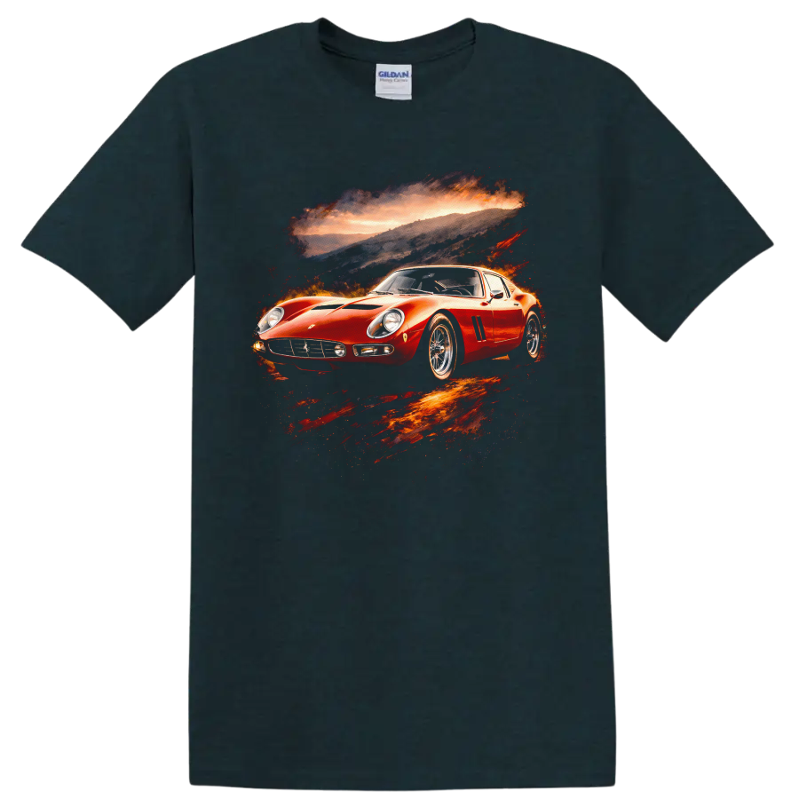 Red Ferrari 250 GTO classic sports car graphic print with sunset backdrop on a Midnight (Green) T Shirt