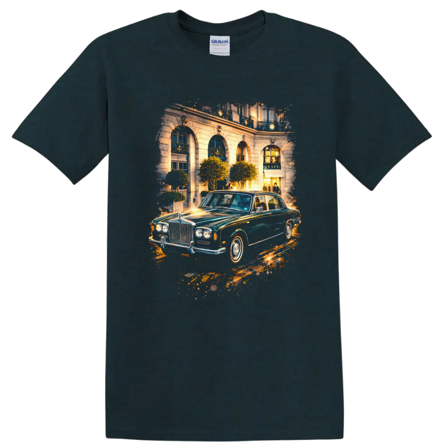 Rolls-Royce Silver Shadow classic car in a luxury city scene graphic print T shirt on a Midnight (Green) T Shirt