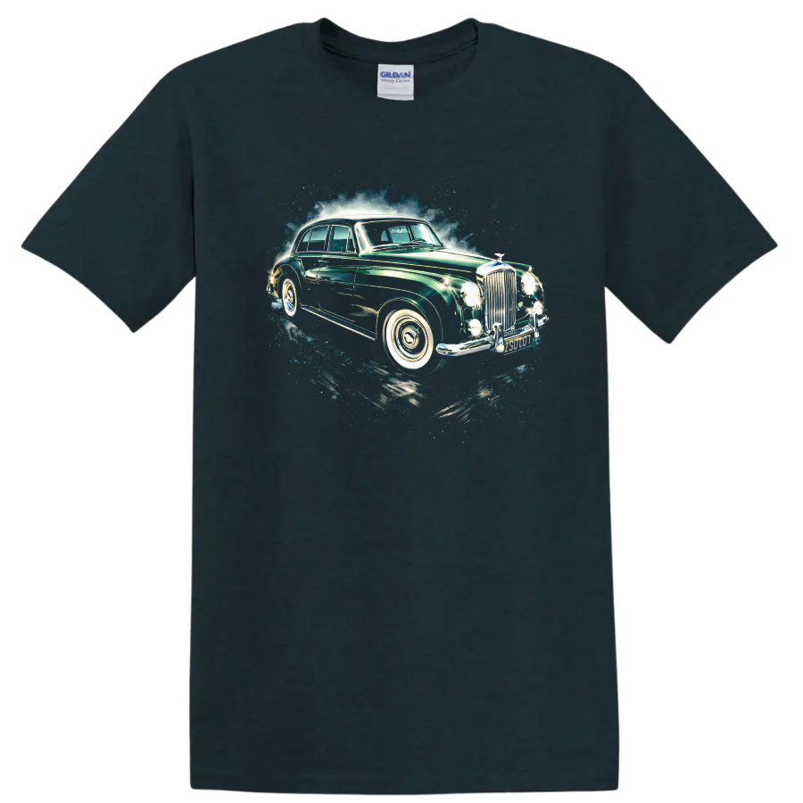 Vintage Bentley S2 classic car with chrome details and blue splash graphic on a T shirt on a Midnight (Green) T Shirt