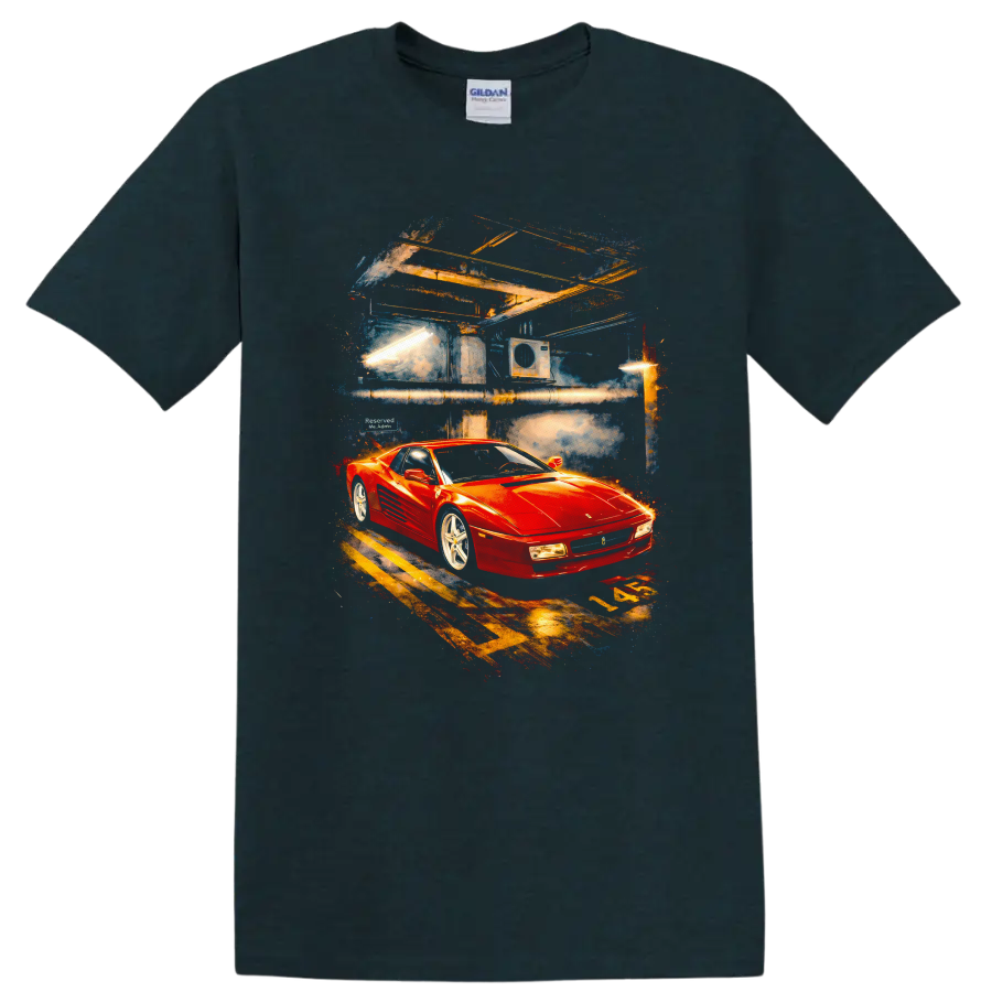 Red Ferrari Testarossa sports car graphic print on a black T shirt on a Midnight (Green) T Shirt
