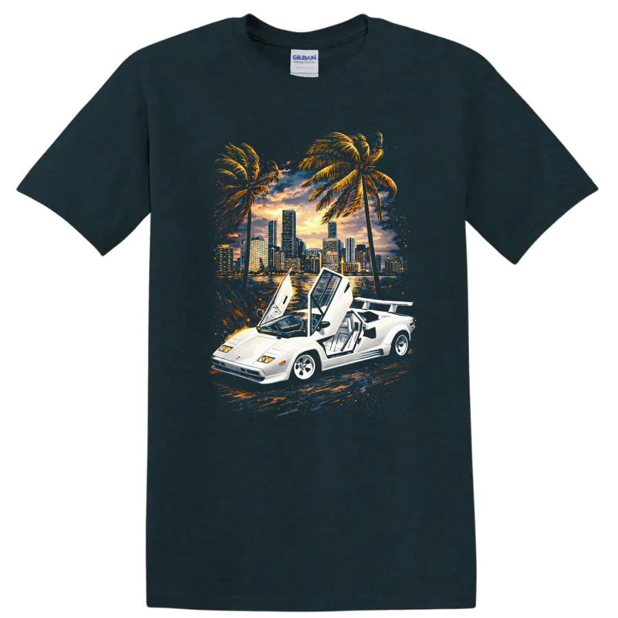 White Lamborghini Countach with raised doors, sunset skyline, palm trees, graphic print T-shirt on a Midnight (Green) T Shirt