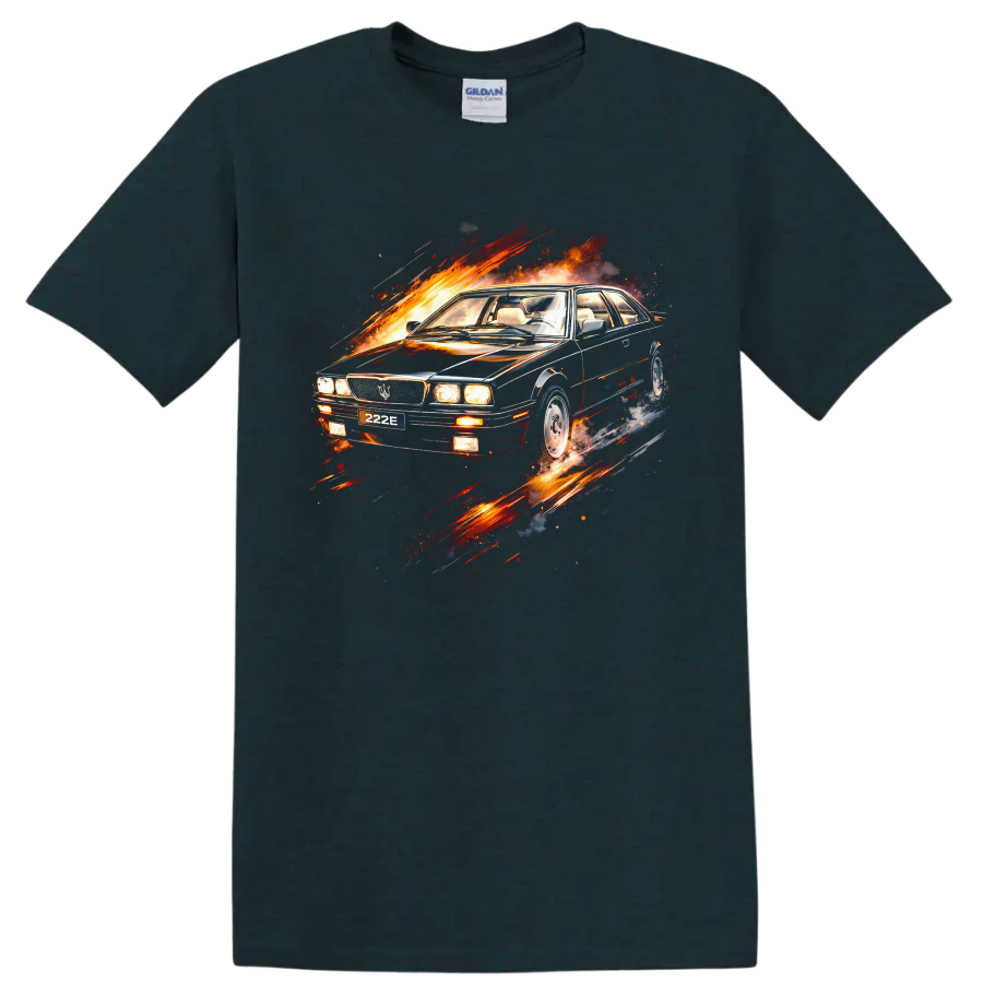 Old Maserati 222 car graphic with fiery motion streaks on a Midnight (Green) T Shirt