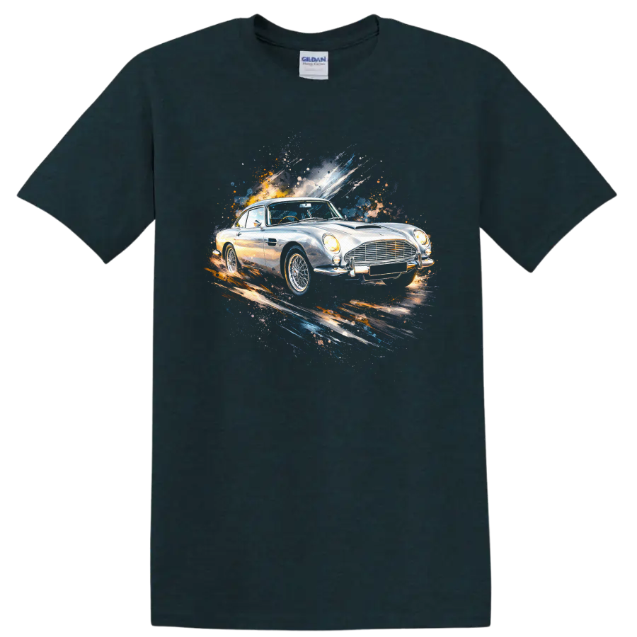 Aston Martin DB5 old car watercolor graphic print T-shirt on a Midnight (Green) T Shirt