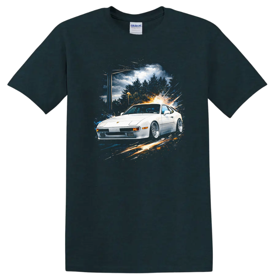 White Porsche 924 sports car with motion burst graphic print on T shirt on a Midnight (Green) T Shirt