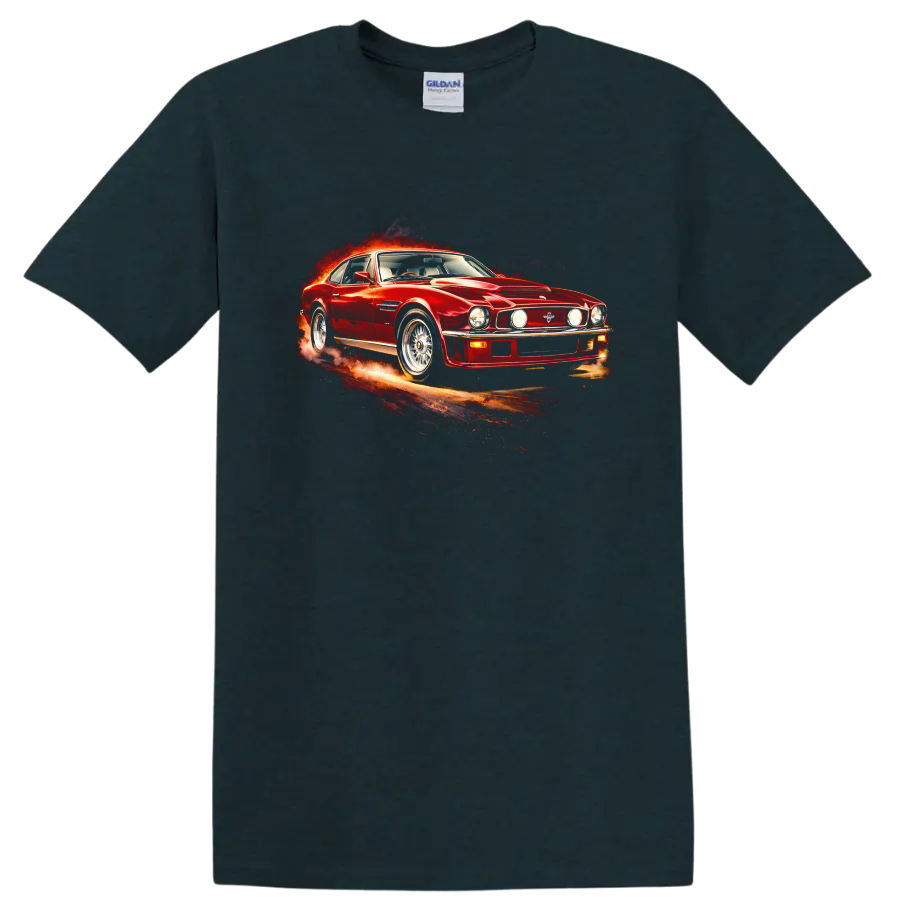 Red Aston Martin V8 Vantage classic car graphic with fiery motion effect on a Midnight (Green) T Shirt