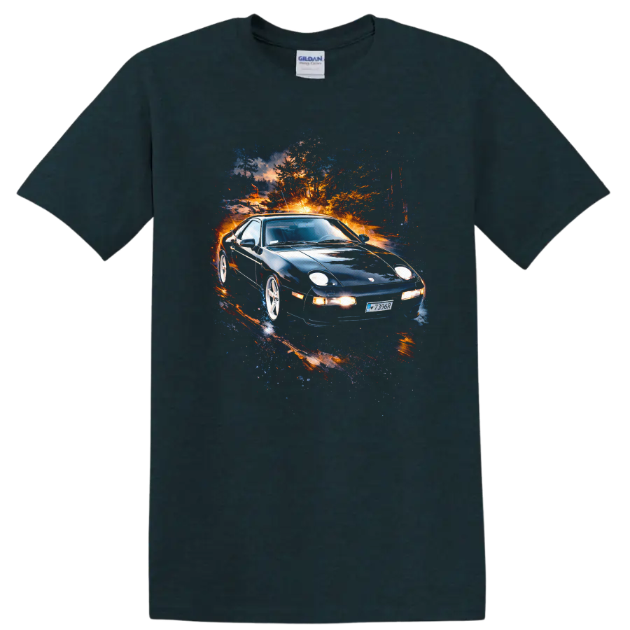 Porsche 928 old car with vivid colorful motion effect on black T-shirt on a Midnight (Green) T Shirt