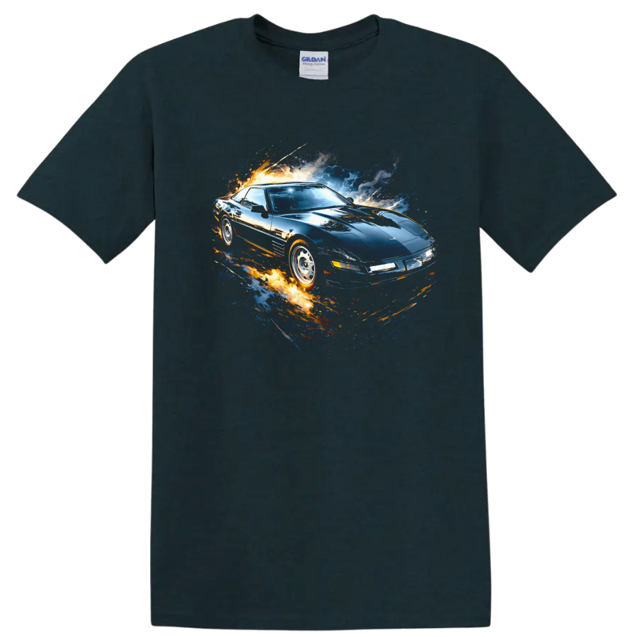 Chevrolet Corvette C4 with blue and orange motion graphic print on a T shirt on a Midnight (Green) T Shirt