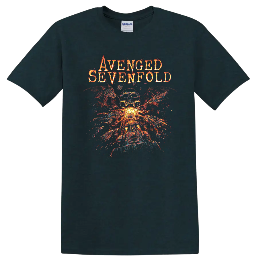 Avenged Sevenfold inspired skull, wings, and flames graphic print T - Midnight (Green)