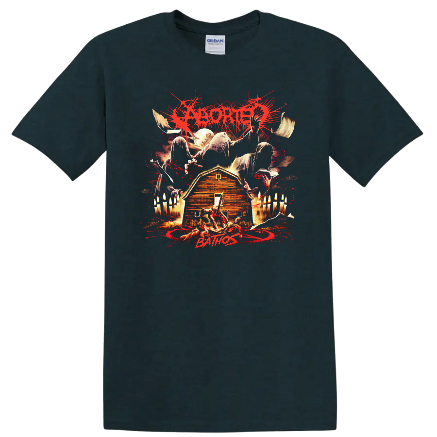 ABORTED horror metal graphic on a T-shirt with dark splatter artwork and eerie farmhouse - Midnight (Green)