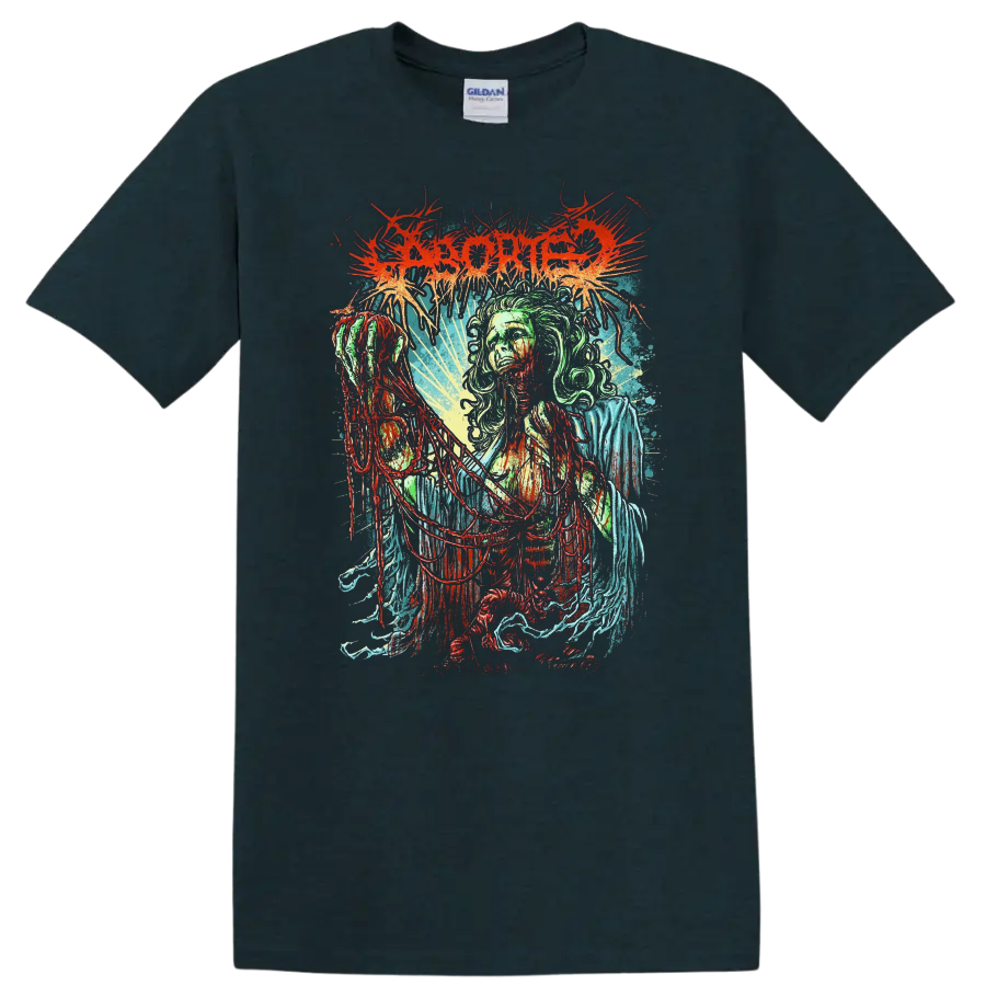 ABORTED-inspired death metal graphic print with horror figure on a T - Midnight (Green)