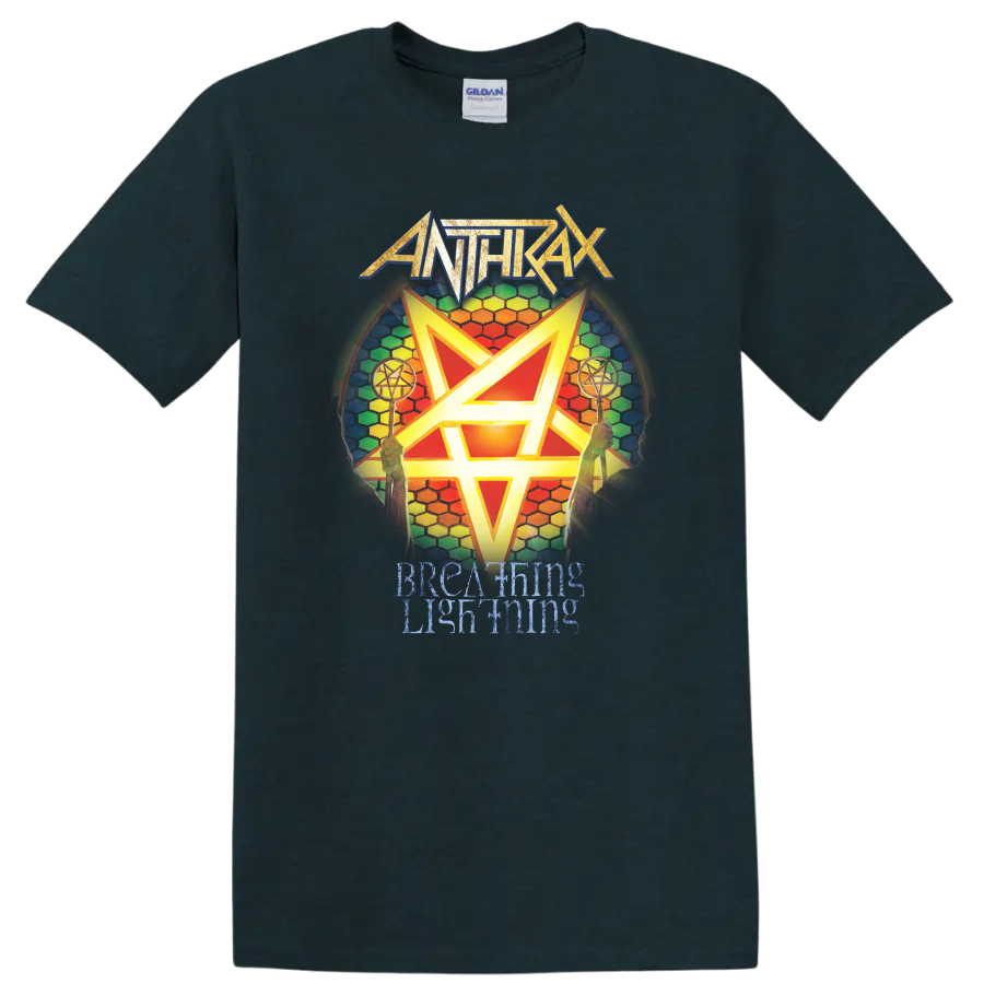 Anthrax logo with rainbow hexagram and Breathing Lightning text graphic print T - Midnight (Green)