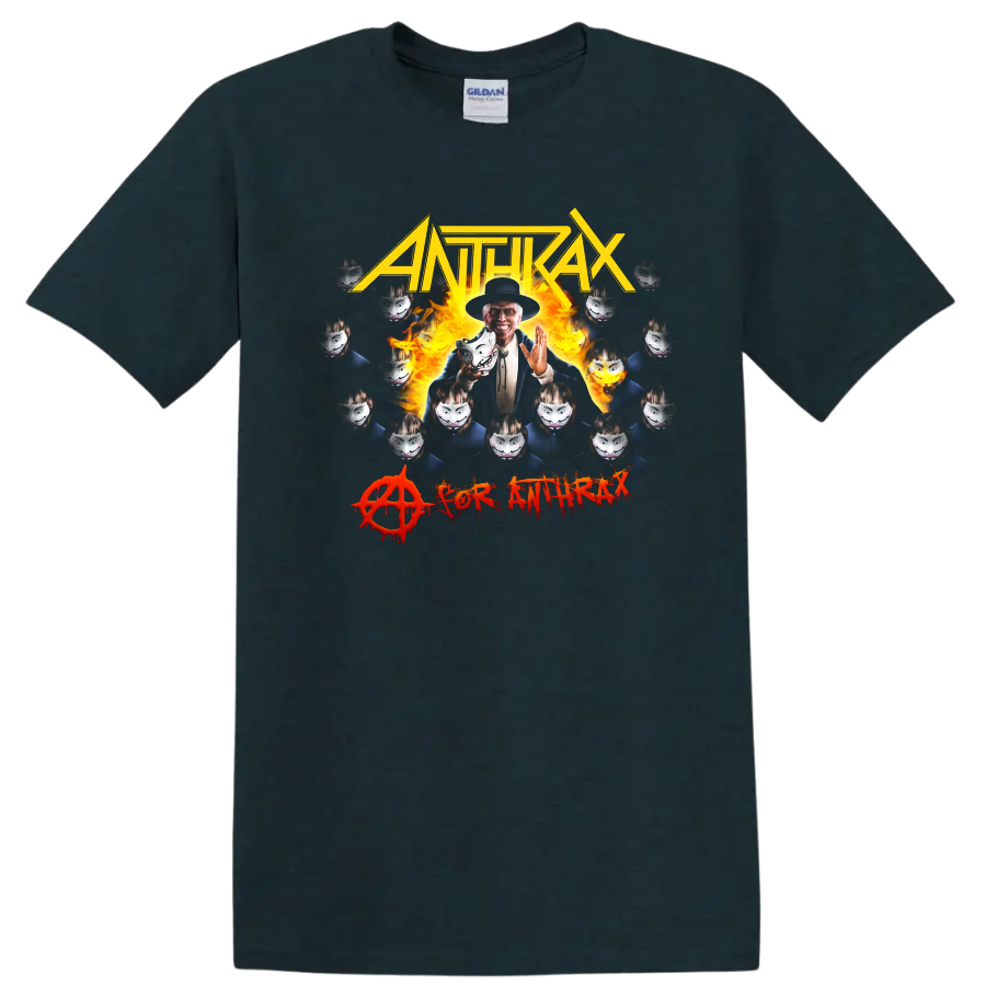 ANTHRAX metal band graphic with flames, masked faces, and bold lettering on T - Midnight (Green)